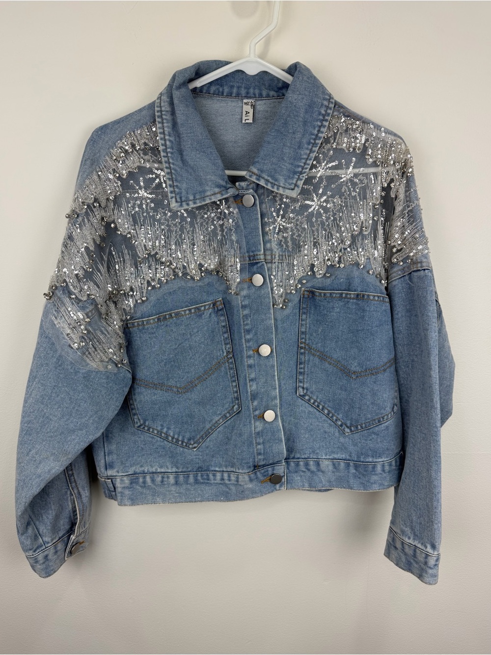 AI LE ER Sequin Embellished Denim Jacket Y2K Festival Glam M-L